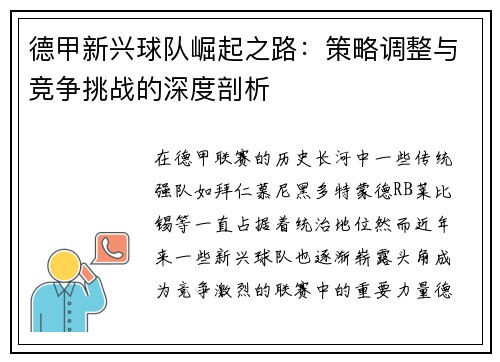德甲新兴球队崛起之路：策略调整与竞争挑战的深度剖析