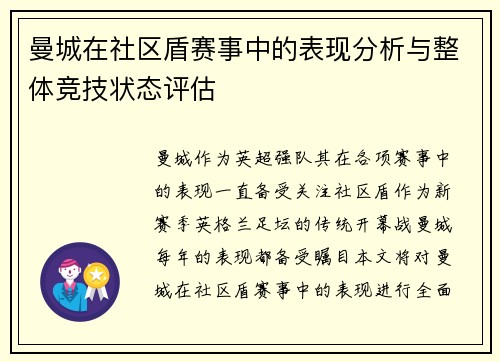 曼城在社区盾赛事中的表现分析与整体竞技状态评估