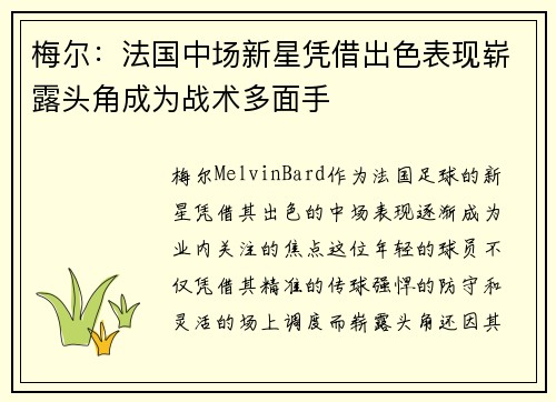 梅尔：法国中场新星凭借出色表现崭露头角成为战术多面手