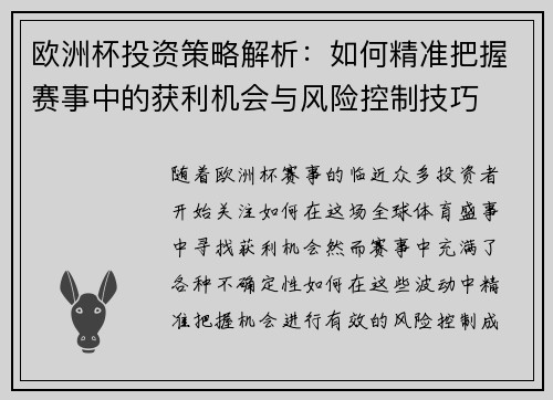 欧洲杯投资策略解析：如何精准把握赛事中的获利机会与风险控制技巧