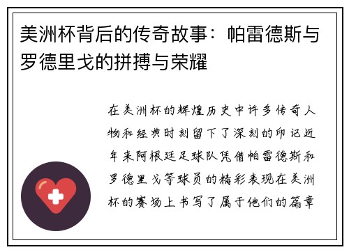 美洲杯背后的传奇故事：帕雷德斯与罗德里戈的拼搏与荣耀