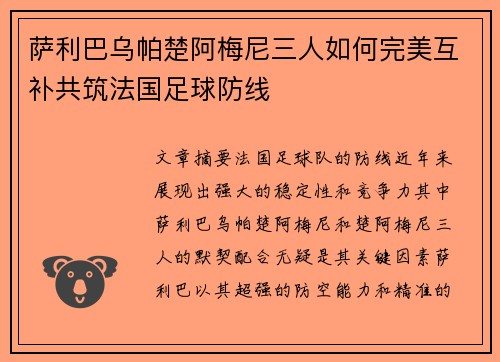 萨利巴乌帕楚阿梅尼三人如何完美互补共筑法国足球防线